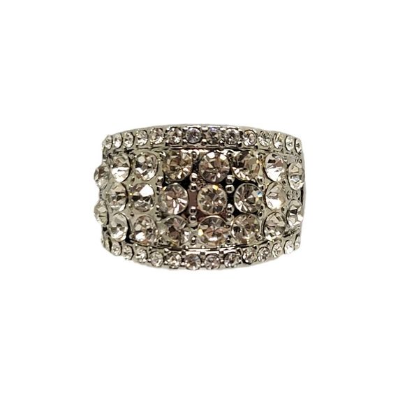 Cruise Ring Round Diamond Simulant Rhodium Plated Anniversary Band Size 9 - Picture 1 of 6